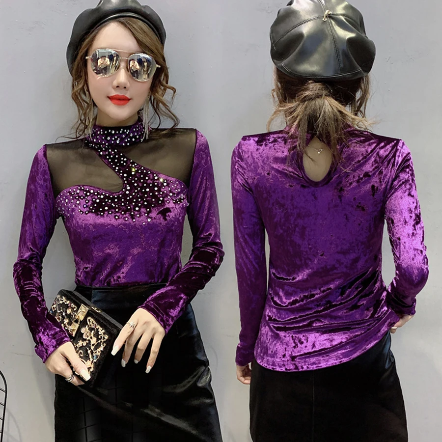 Осень зима 2019 новый дизайн Корейская рубашка с длинным рукавом и бриллиантами