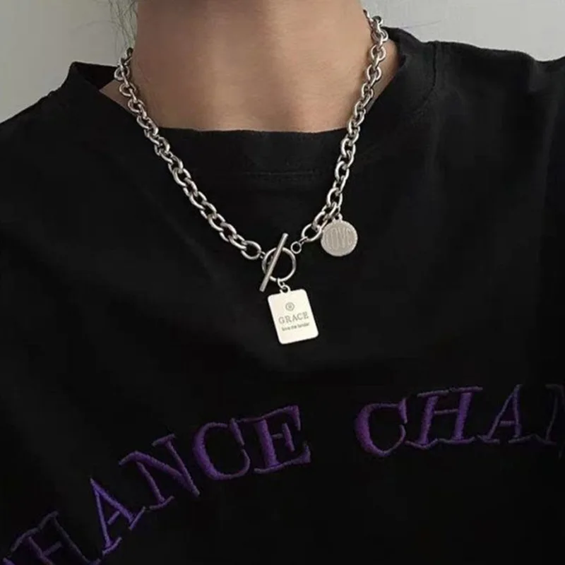 

Fashion hip hop jewelry with titanium steel stitching necklace letter round love pendant sweater necklace for women