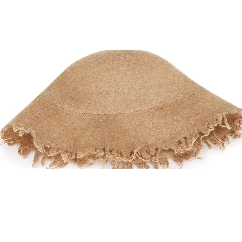 Women Girl Faux Wool Warm Church Floppy Cloche Hat Tassels Wide Brim Bucket Cap