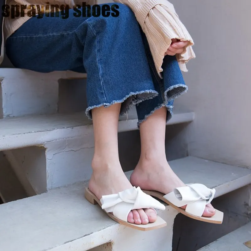 2019 шикарные женские кожаные шлепанцы на плоской подошве с квадратным носком и