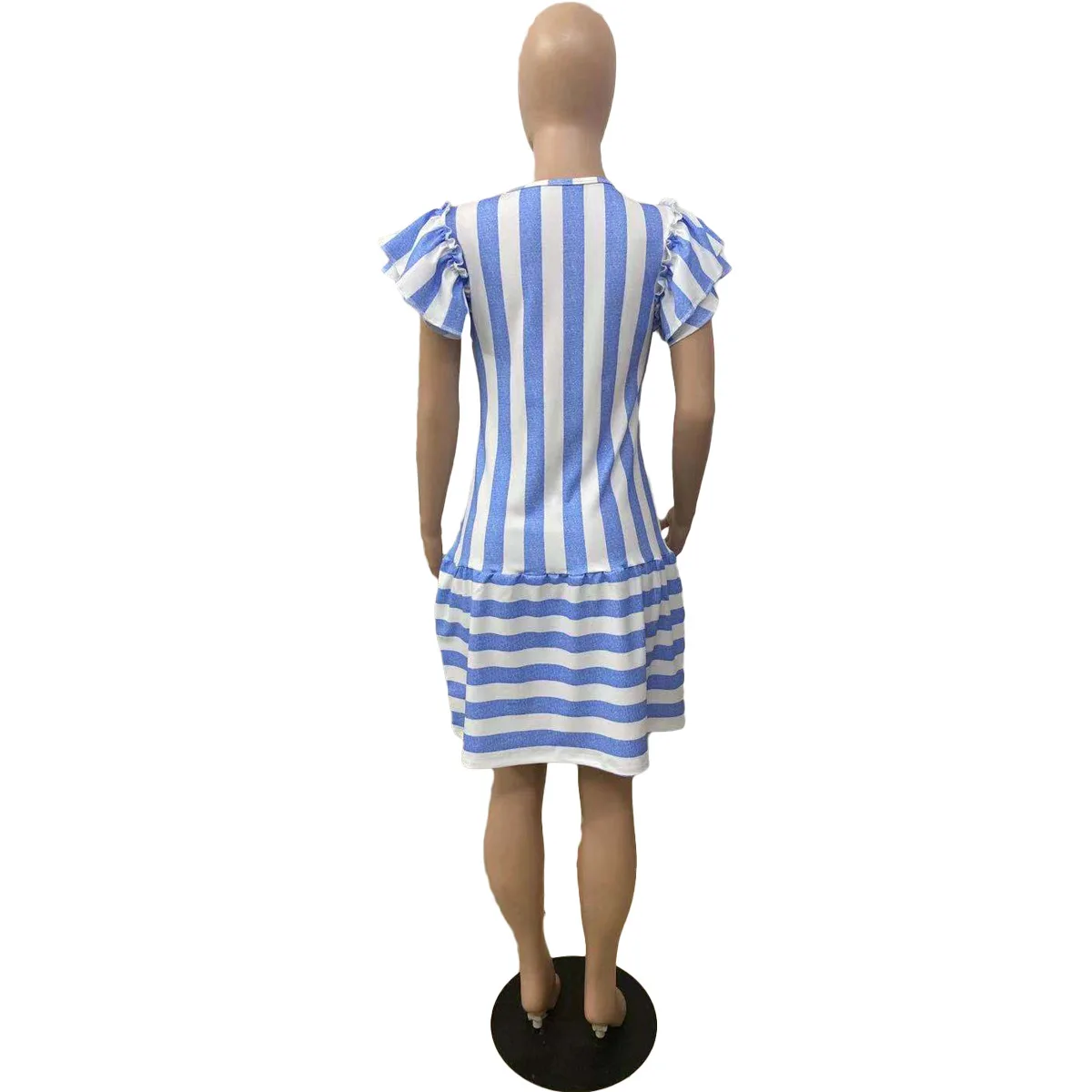 

Women Striped Mini Dress Summer Fashion V-neck Short Sleeve Ruffle Striped Mini Dress Women