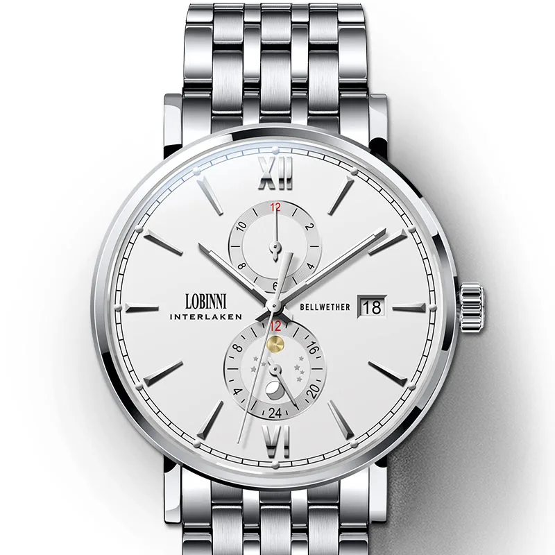 Мужские механические часы Lobinni Seagull водонепроницаемые наручные с кожаным