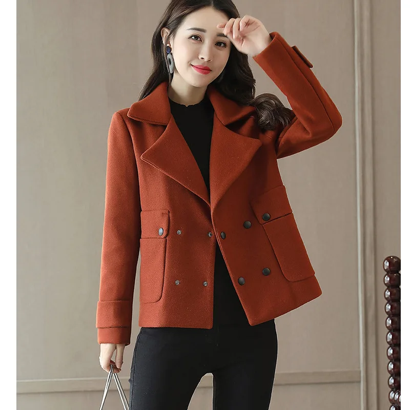 Женское теплое двубортное пальто с длинным рукавом короткое повседневное
