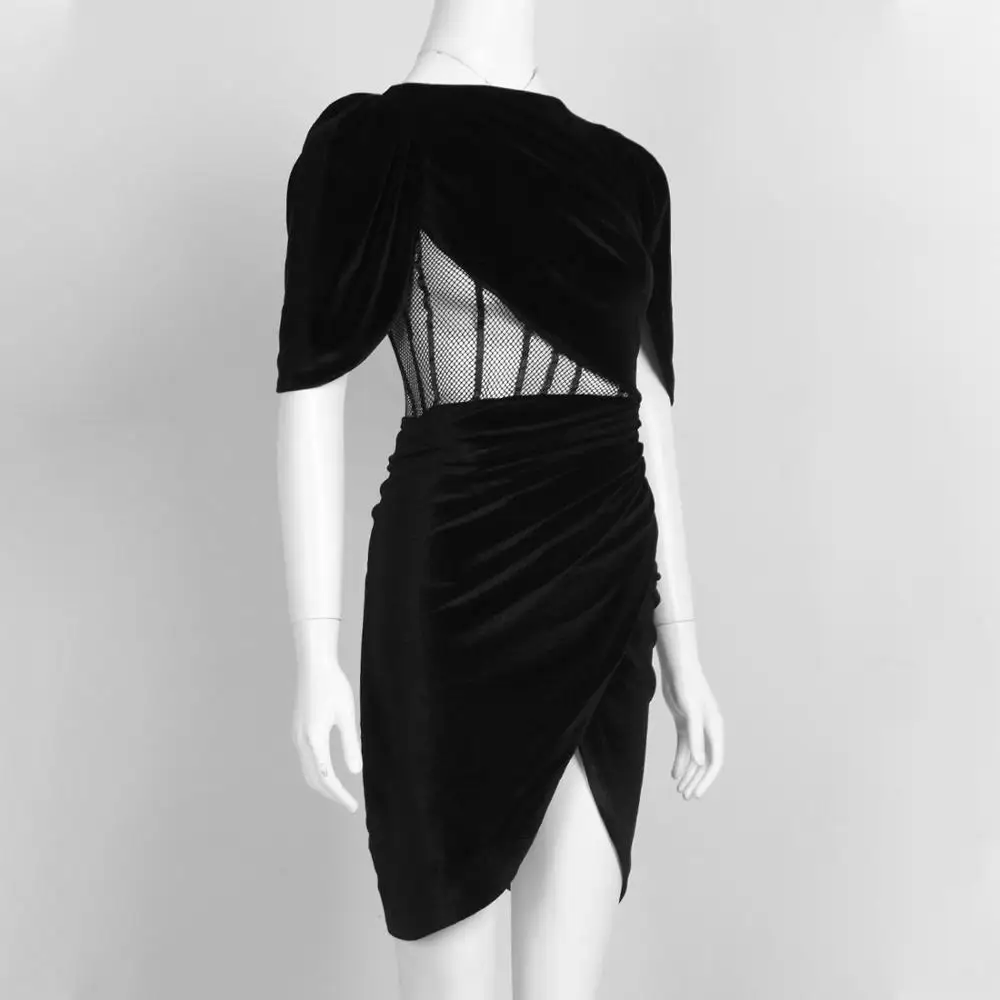 

Women Sexy Designer Short Sleeve Velvet Black Elegant Dress 2021 Elegant Split Mesh Celebrity Evening Party Dress Vestido