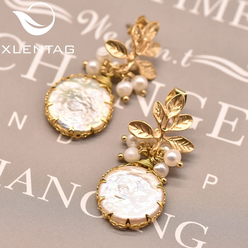 XlentAg Natural Fresh Water Baroque Pearl Drop Earrings Women Plant Leaves Dangle Earrings Luxury Handmade Fine Jewelry GE0308