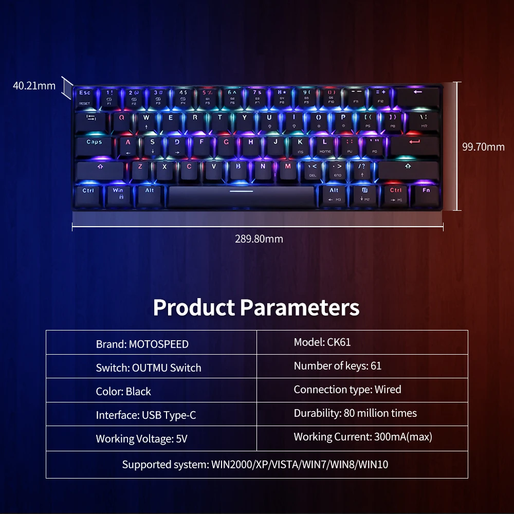 Механическая игровая клавиатура MOTOSPEED CK61 RGB OUTMU с голубыми переключателями 61