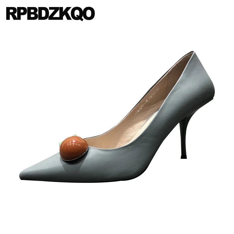 

size 4 34 high heels 2019 beige fashion designer women luxury shoes medium pointed toe blue thin pumps 3 inch slip on scarpin