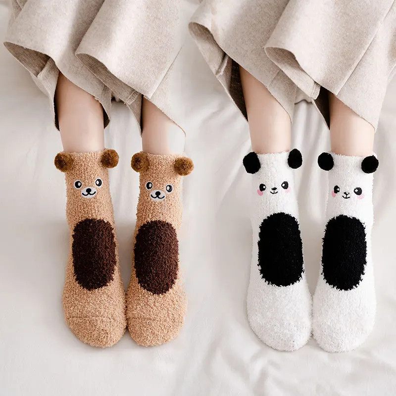 

Милые рождественские носки из кораллового флиса с 3d-изображением мультяшных животных, женские милые зимние толстые теплые носки для пола, ж...