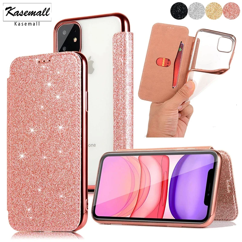 

Блестящий кожаный чехол для iPhone 13 Pro MAX 12 11 Pro XS Max XR 8 7 Plus 6 6s Plus 5 5s se, флип-кошелек с подставкой, прозрачный чехол из ТПУ