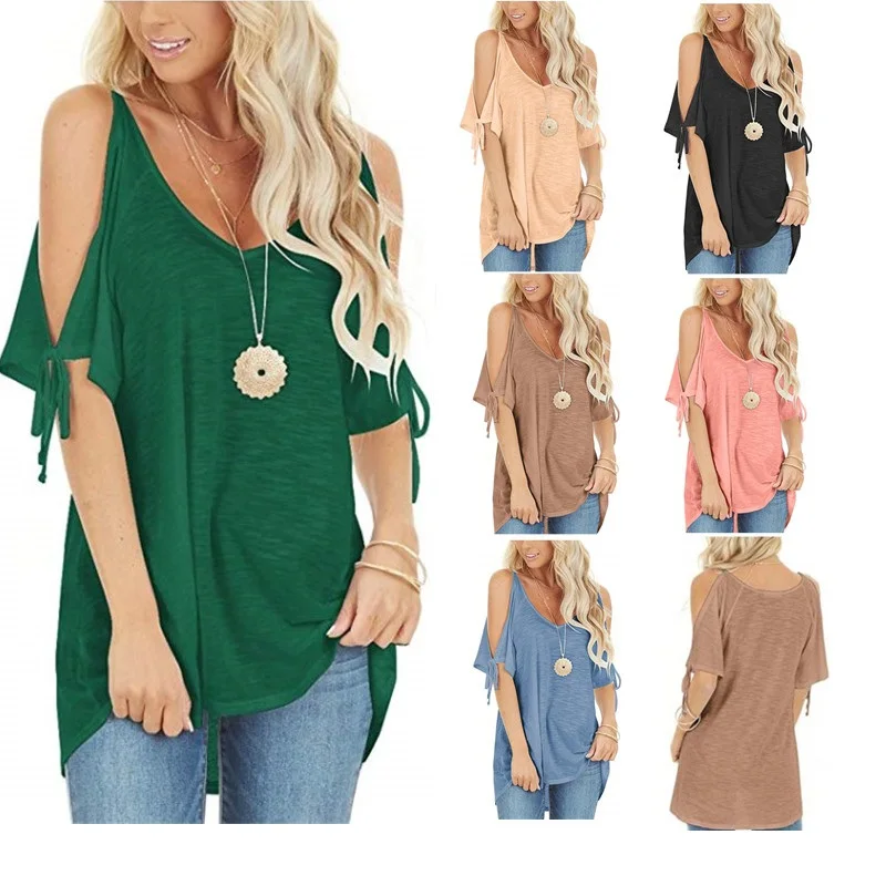 

Collar off shoulder Lace Up Short Sleeve T-Shirt Top