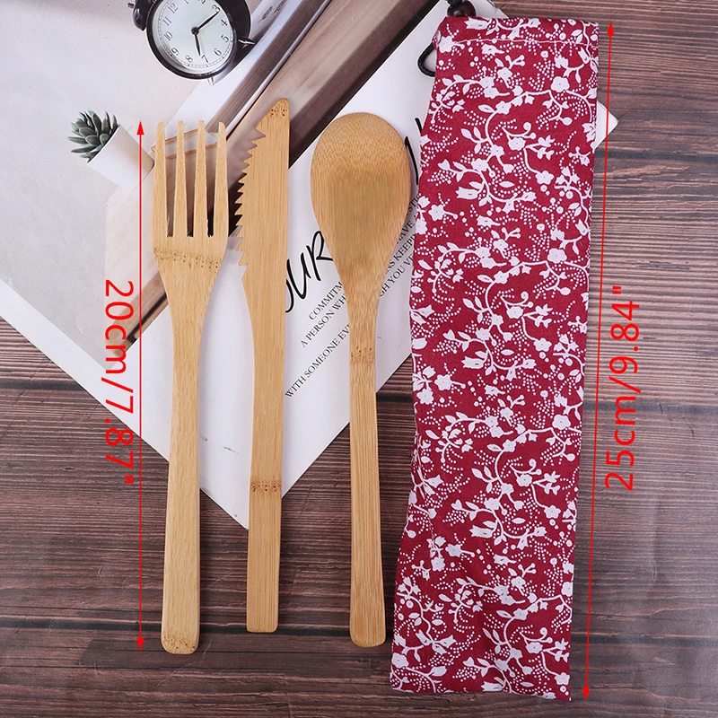

3pcs/bag Reusable Retro Wooden Bamboo Cutlery Flatware With Bags Dinnerware Spoon Fork Chopsticks Portable Dinnerware Set