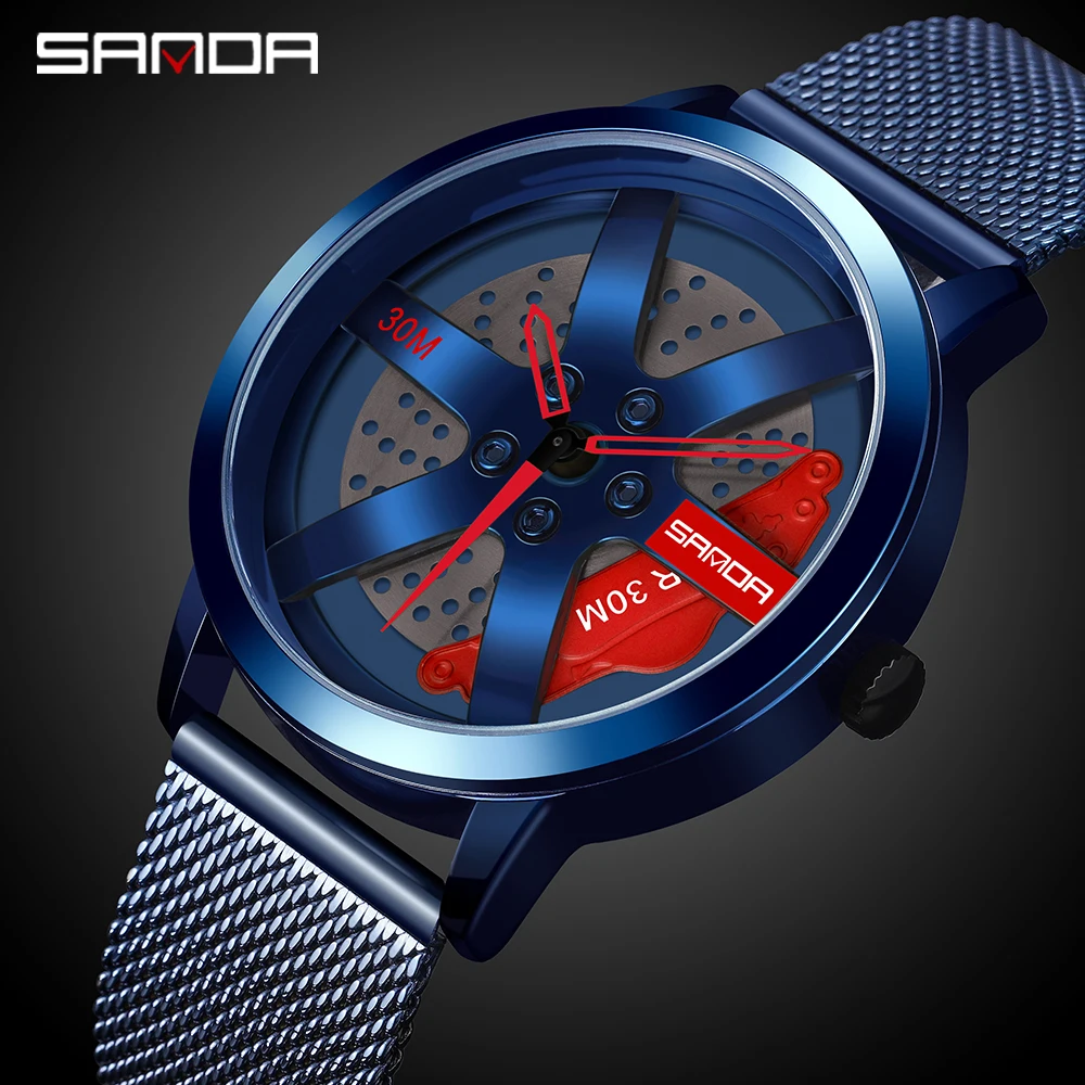 Top Luxury Brand SANDA Men Quartz Watch Fashion Mesh Strap Watch Hollow Dial Wheel Design Blue Waterproof Sport Wristwatch P1061