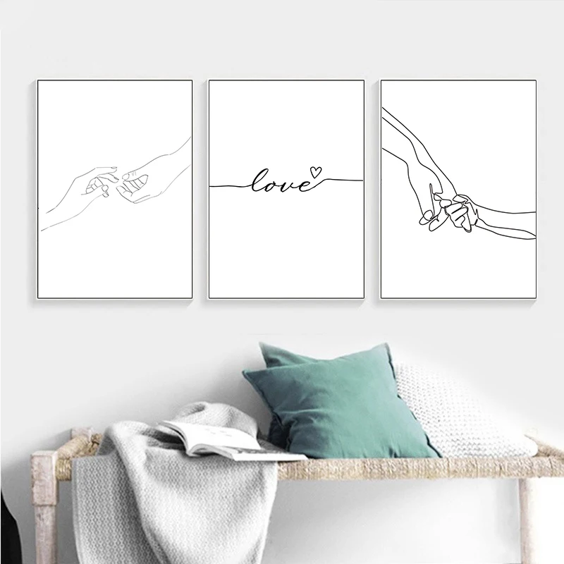 Nordic Love Holding Hands Line Canvas Painting Romantic Black And White Posters and Prints Wall Art Pictures For Living Room | Дом и сад