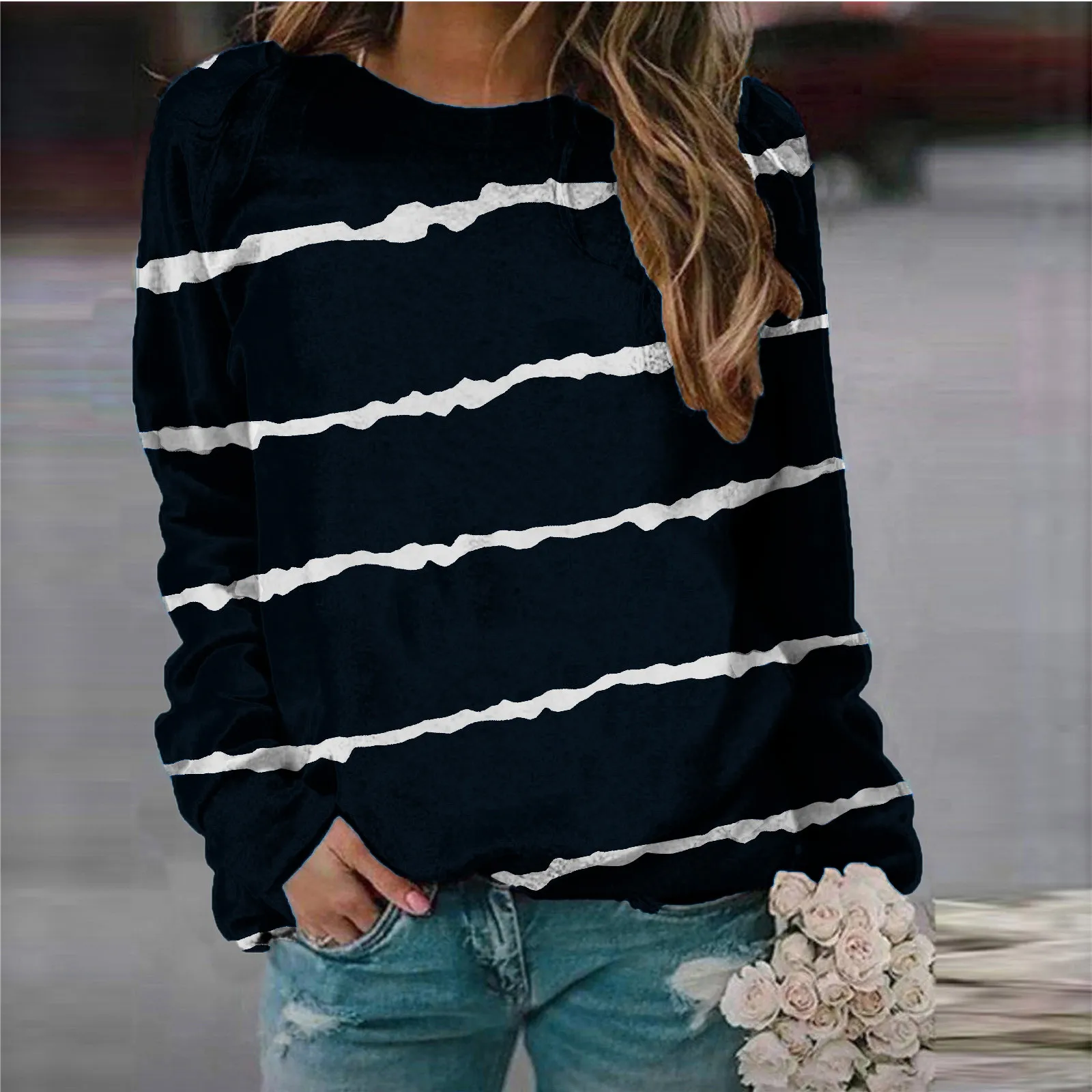 Simple Stripe Splicing Printed Sweatshirts For Women Fashion Unisex O-neck Long Sleeve Pullover Hoodies Mulheres Sweetshirts