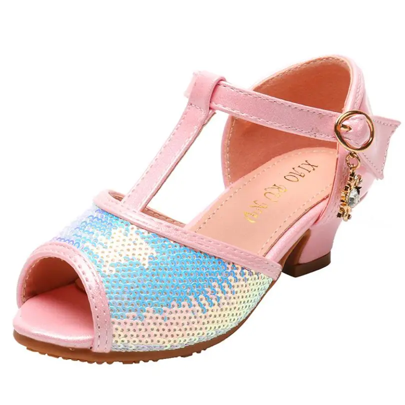 Вечерние кожаные сандалии принцессы для девочек со стразами и блестками детская