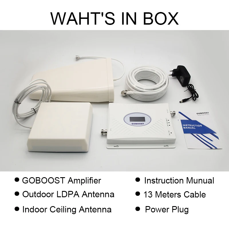 

GOBOOST Cellular Signal Amplifier GSM 2G 3G 4G Signal Booster 900 1800 2100 Tri Band Mobile Phone Amplifier 4G 70dB Antenna Set
