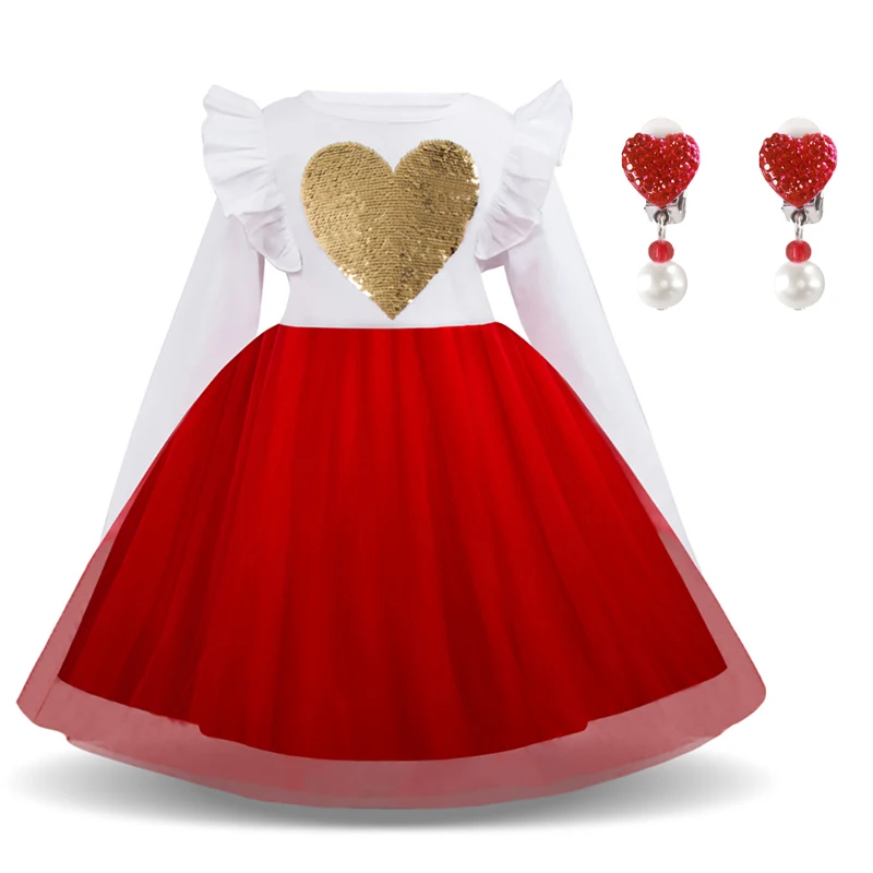 

2022 New Girls Princess Dress Ruffled Long Sleeve Sequins Ball Gown Kids LOVE Print Party Costume Children Clothes with Earrings