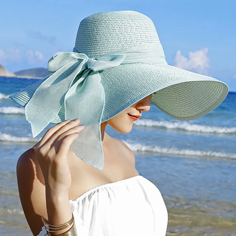 

AECU Summer Large Brim Hat Floppy Straw Hat Casual Vacation Travel Wide Brimmed Bowknot Sun Hats Foldable Beach Hats For Women