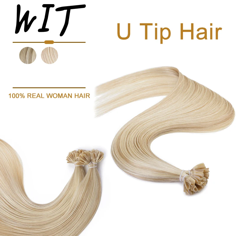 

WIT Nail Tip Hair Extensions Solid Blonde Machine Remy U Tip Keratin Glue Beads 25g 50g 50Strands Pre bonded brazilian hair