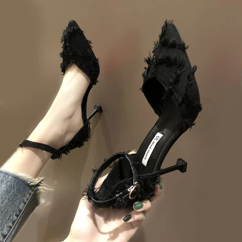 

2021 New Sexy High Heels Shoes Women 8cm Summer Pointed Shallow Buckle Stiletto Party Female Heels Design Women's Sandals Beige