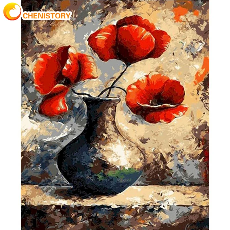 

CHENISTORY Frame With Red Flower Oil Painting DIY Oil Painting By Numbers Art Picture On Canvas Coloring By Numbers Home Decor