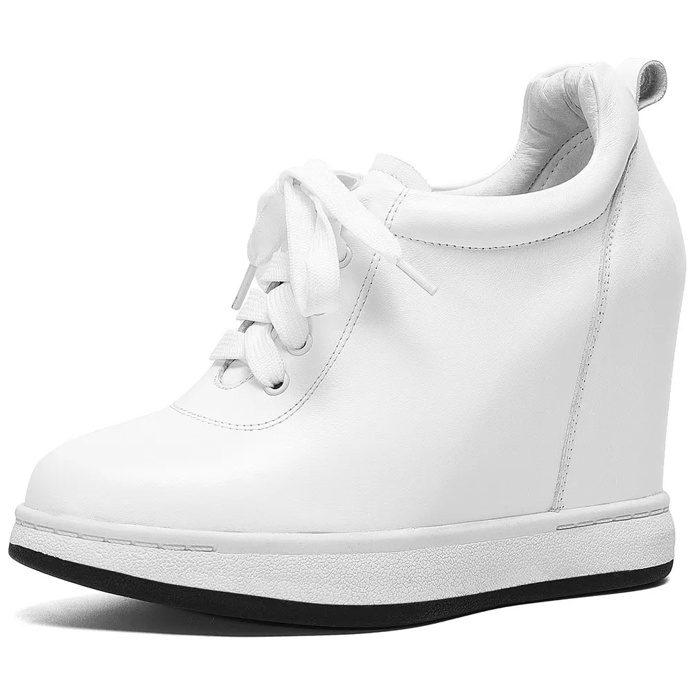 11cm High Heel Platform Oxfords Women Lace Up Genuine Leather Wedges Ankle Boots Female Round Toe Fashion Sneakers Casual Shoes