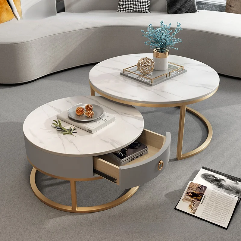 

Nordic Round Marble Coffee Tables Simple With Drawer Light Luxury Modern Coffee Table Living Room Furniture Iron Sofa Side Table