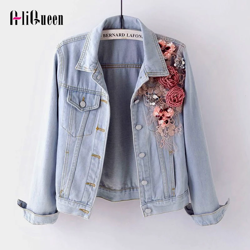Женская короткая джинсовая куртка повседневная из денима с 3D цветочной