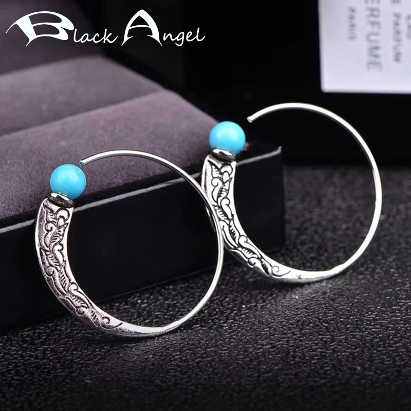 

BLACK ANGEL Vintage Thai Silver Turquoise Pattern Big Hoop Earrings Fashion Jewelry Wedding Gift Punk Style Round Earring Gift