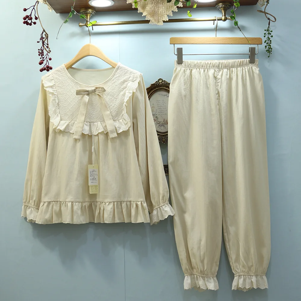 

Summer Loose Sleepwear Suits Vintage Cotton Women's Pajamas Sets Long Sleeve Ankel-Length Sweet Girls Solid Nightwear Spring