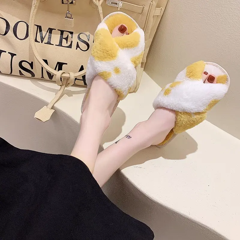 

Fashion Fluffy Winter Sandals Cross Plush Open Toe Sandals Soft Flats Warm Faux Fur Slippers Home Women's Shoes 2021