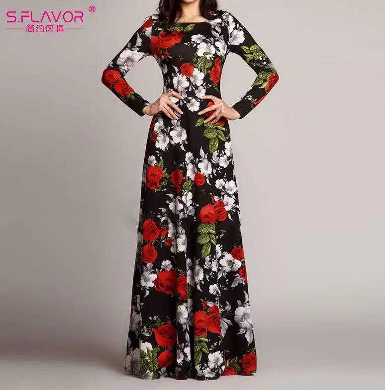 black Женское платье в стиле ретро S.FLAVOR, длинное платье с цветочным принтом, О-образным вырезом и длинным рукавом, элегантные праздничные платья для весны и лета - Цвет: black