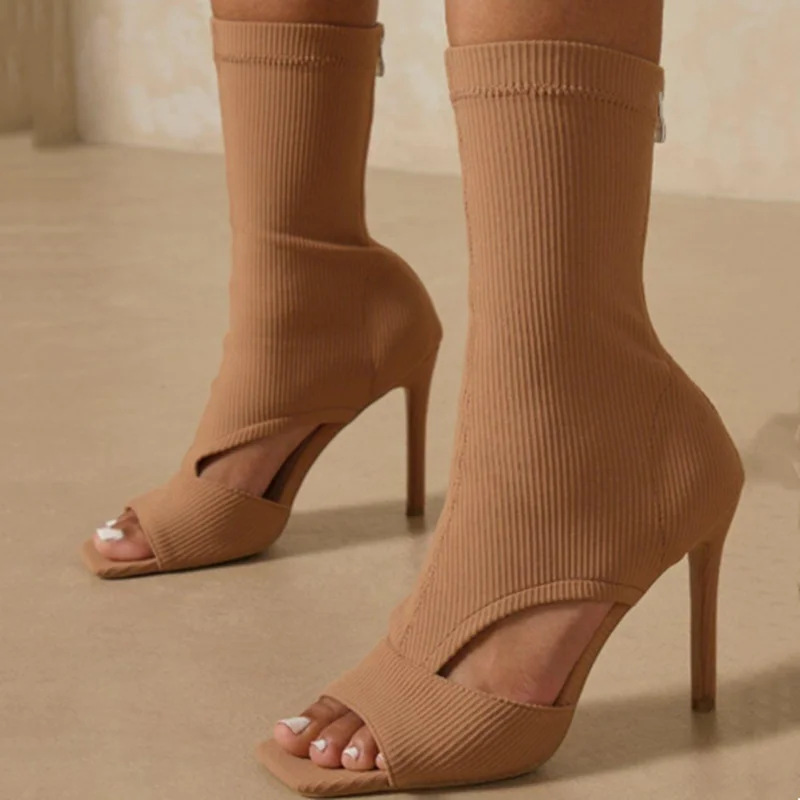 Skintight Knitting Upper Sexy Short Booty for Women Hollow Stretch Peep Toe Ankle Boots High Heel Autumn Sock Boots Size 43