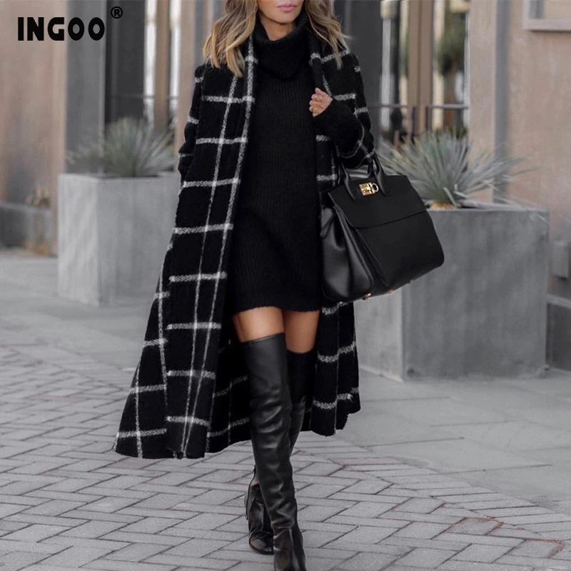 Женское шерстяное пальто в черную и белую клетку INGOO офисное Свободное длинное с