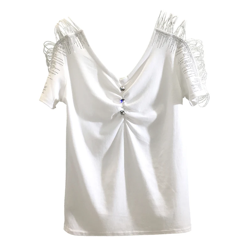 Футболка женская с V-образным вырезом пикантная белая блестящая Облегающая