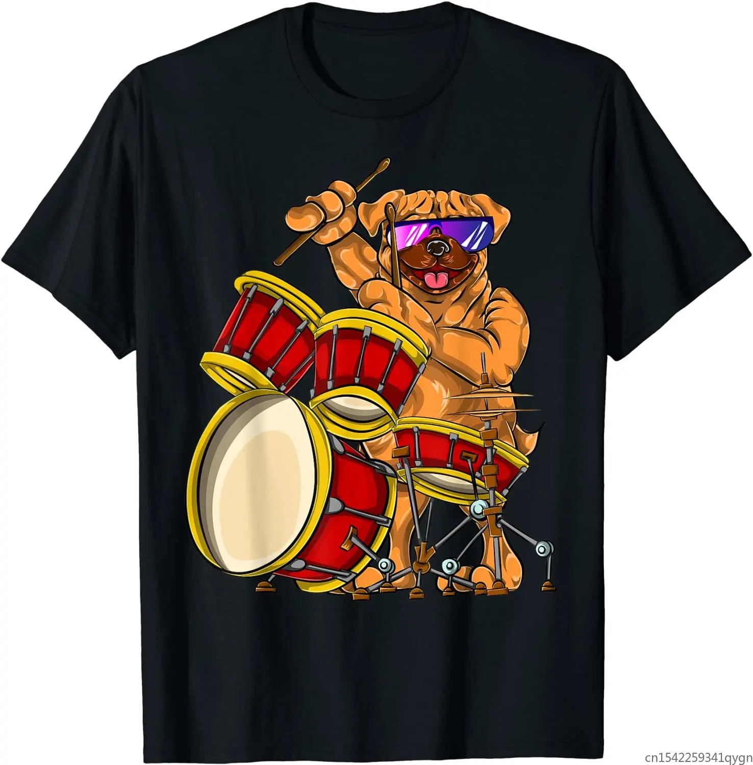

Drummer Gifts Music Dog Animal Cartoon Drums Drumsticks Pug T-Shirt Unisex Tee