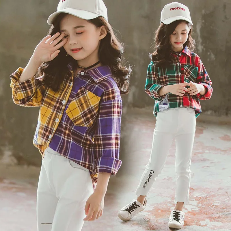 Kids Casual Blouses Spring Fall Girl Cotton Long Sleeve Color Blocking Plaid Shirts Tops Children Sweet Garments Clothing B252 | Детская