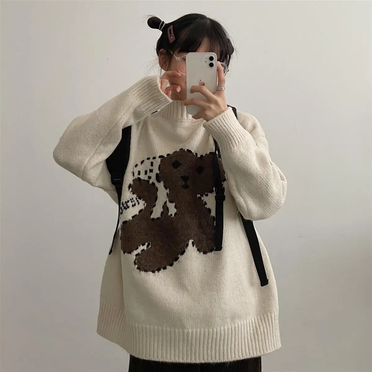 

Fashion Oversize Harajuku Women'S Sweater Cute Bear Print Half High Collar Long Sleeve Knitted Pullover Preppy Girl Knitwear Y2K