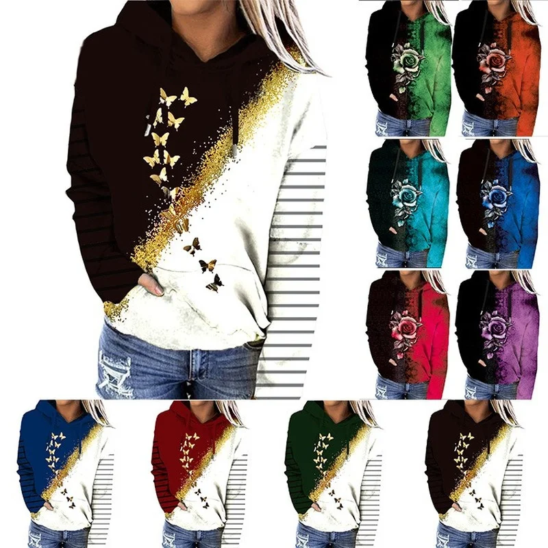 

Весенняя Толстовка большого размера, повседневные топы, новинка 2022, зимнее пальто с длинным рукавом и принтом бабочки, женская одежда, Свобо...