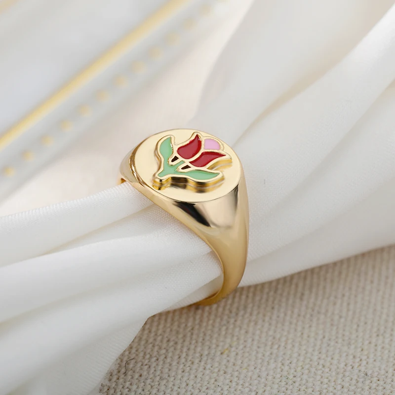 

Punk Metal Round Rings For Women Stainless Steel Gold Color Korean Cute Enamel Tulip Finger Rings Fashion Jewelry Accessory Gift