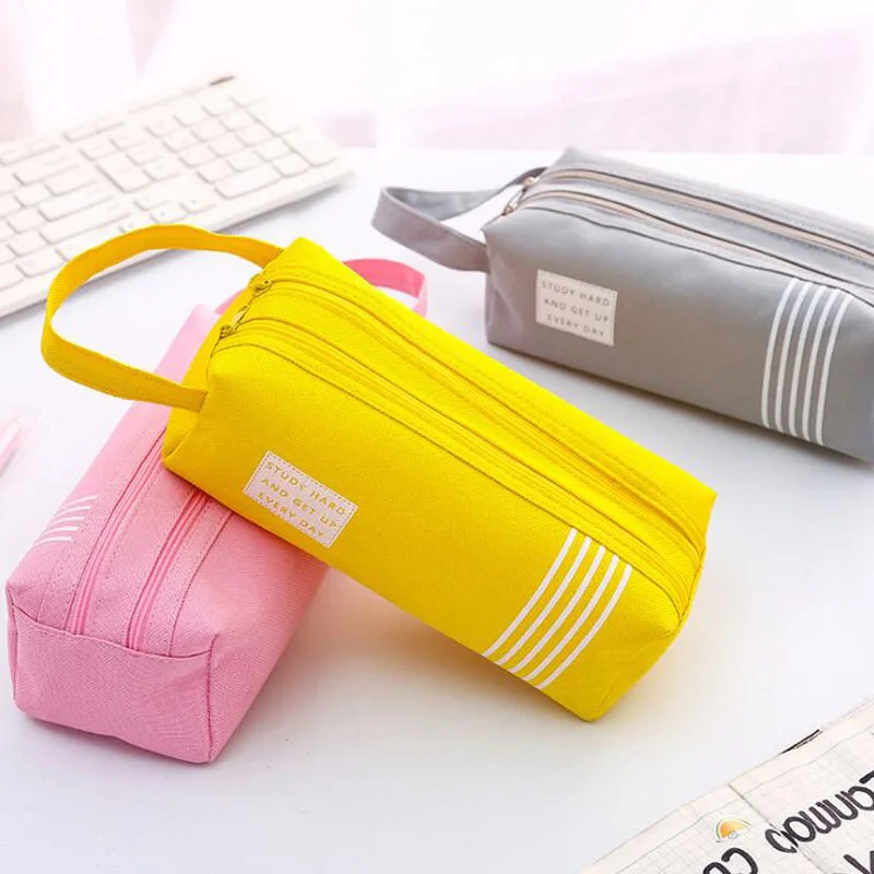 Pencil Case Solid Estuche Escolar Double Zipper Large Trousse Scolaire Stylo Pencilcase Stripe Canvas | Канцтовары для офиса и
