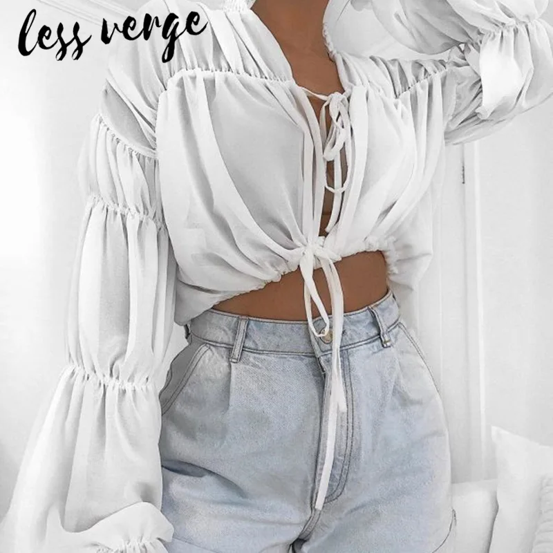 Lessverge элегантная шифоновая Бохо белая блузка рубашки для женщин на шнуровке с