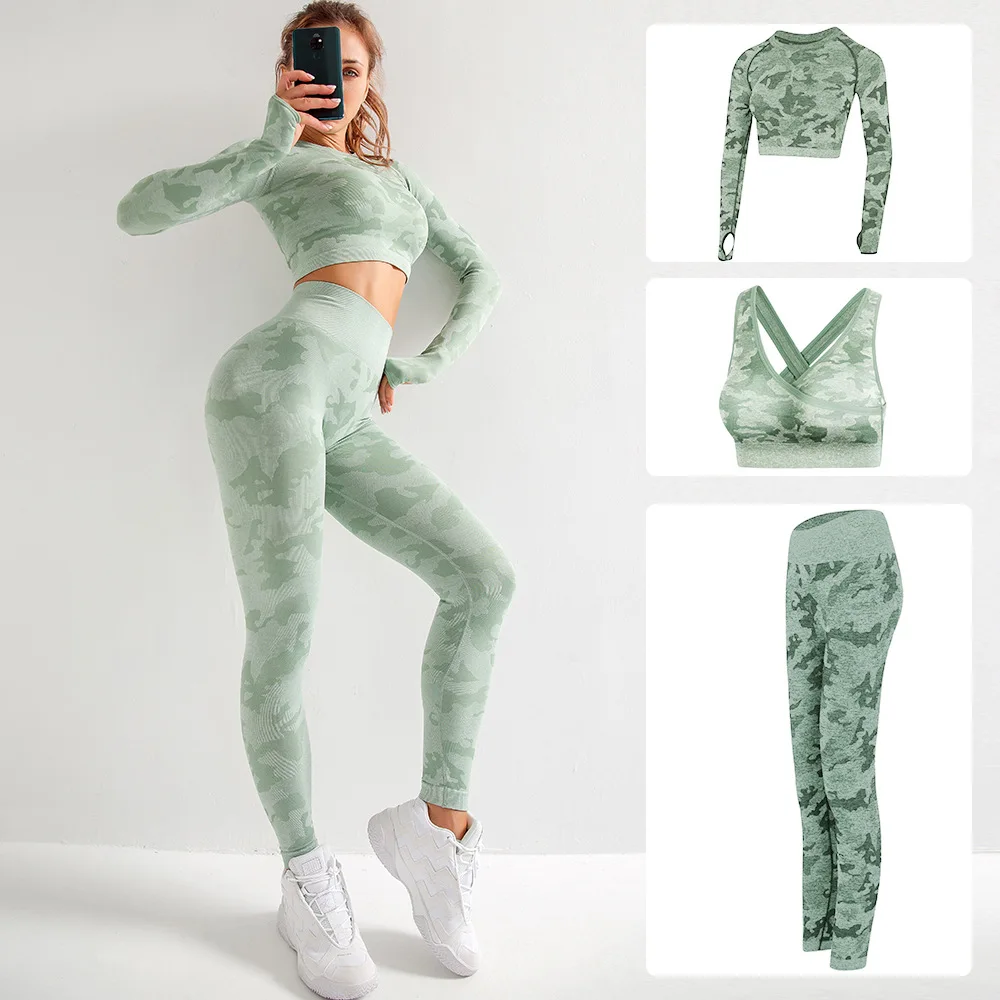3PCS Yoga Set Sports Wear Gym Fitness Clothing Camo Yoga Legings + Sport Bra Camouflage Gym Suit Femme Workout Clothes for Women