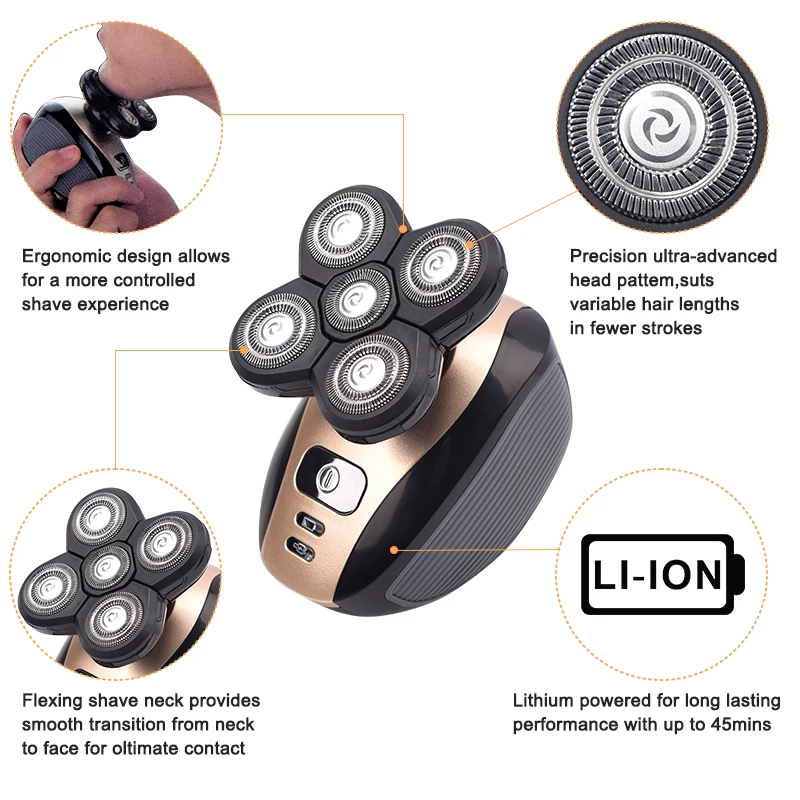 

5 In 1 4D Men's Rechargeable Bald Head Electric Shaver 5 Floating Heads Beard Nose Ear Hair Trimmer Razor Clipper Facial Brush