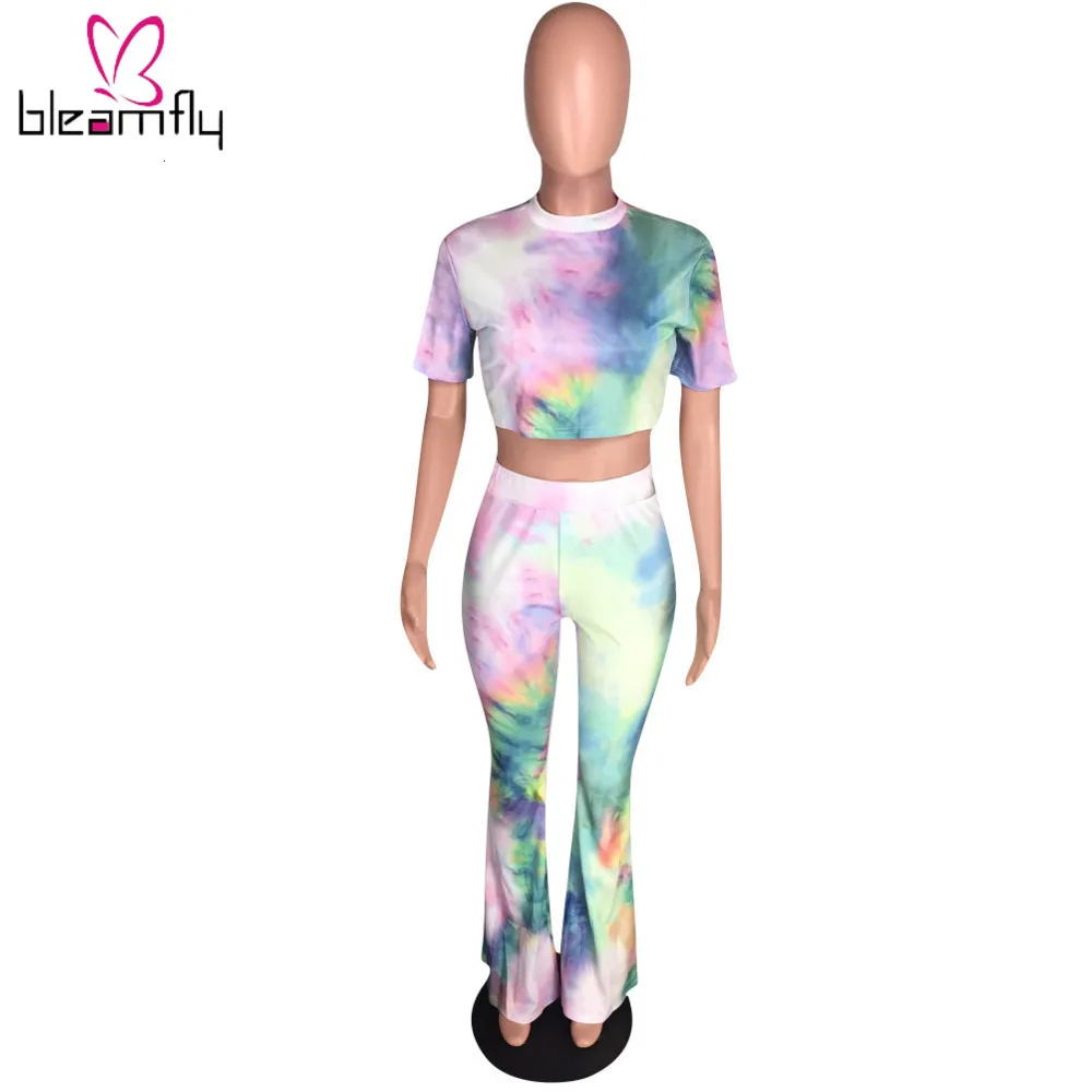 Женская Летняя короткая футболка с принтом Tie Dye Galaxy топ широкие штаны костюм