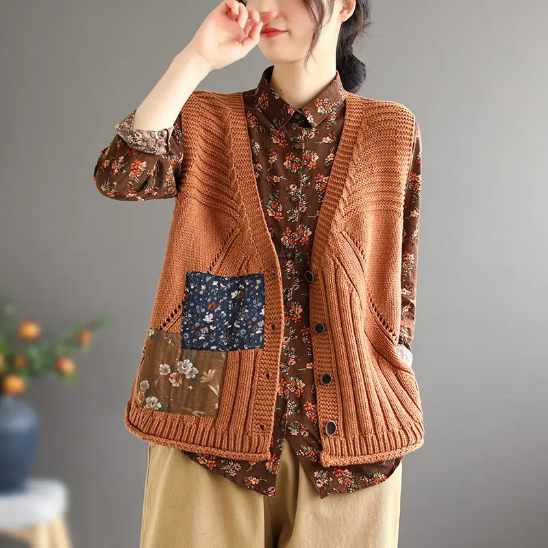 

2022 Spring Autumn Clothing Retro Style Sweater Vest Knitted Women's Top Loose All-Match Outer Wear Floral Patch Cardigan M2114