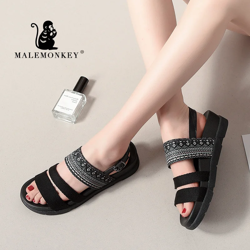 Женские пляжные сандалии MALEMONKEY черные повседневные на плоской платформе с