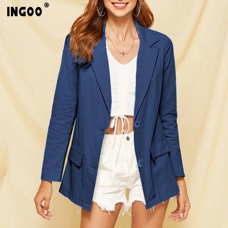 INGOO синие женские длинные блейзеры повседневные Элегантные рабочие однотонные