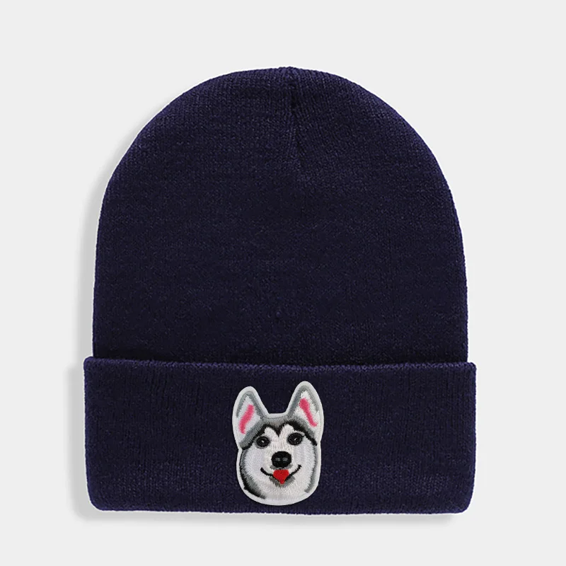 Huskies Hats Fashion Patches Sweet Beanie For Unisex Winter Brimless Stretchy Bonnet Solid Color Outdoor Cap Knitted Beanie - Цвет: Тёмно-синий