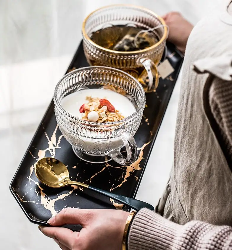 

300ML Home Dining Table Fruit Salad Bowl Mug Water Cup Decor Restaurant Fruit Milk Breakfast Glass Cup+Spoon Household Tableware